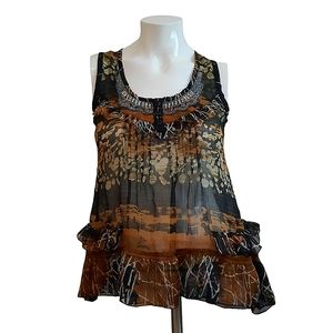 Solitaire Watercolor Sheer Beaded Peplum Ruffle Sleeveless Top